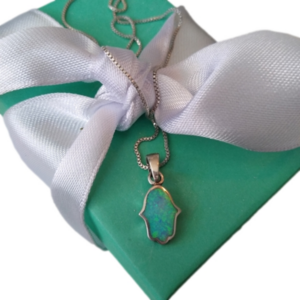 925 Sterling Silver + Opal Hamsa Hand of Fatima Judaica Necklace 16" cha…